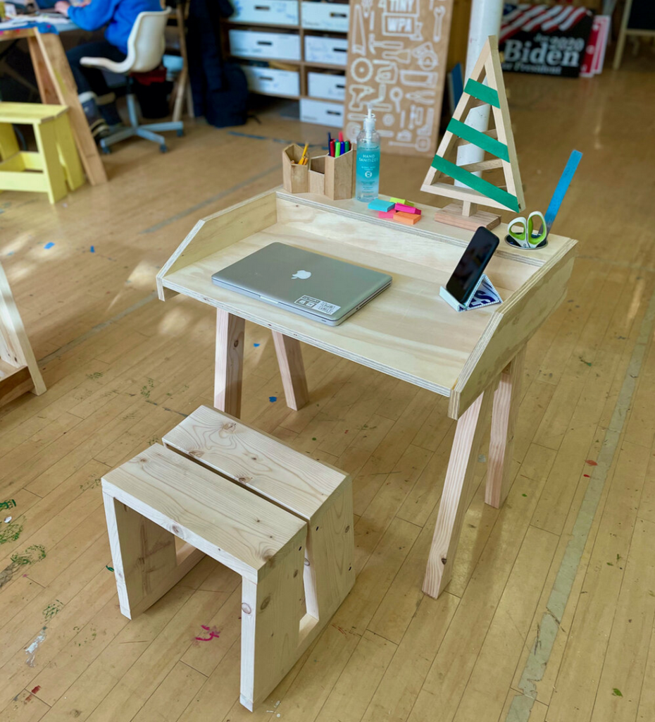 Tiny WPA desk and chair made for kids who are studying at home.