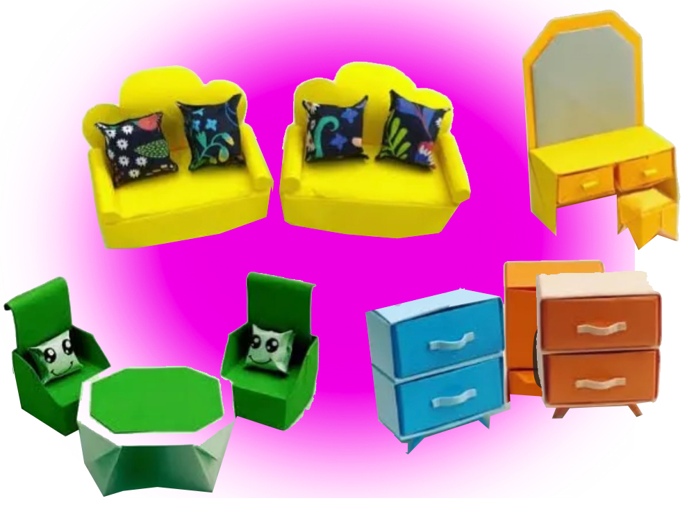 origami mini furniture pictured, a yellow couch, a dressing table, table and chairs and 2 bureaus.